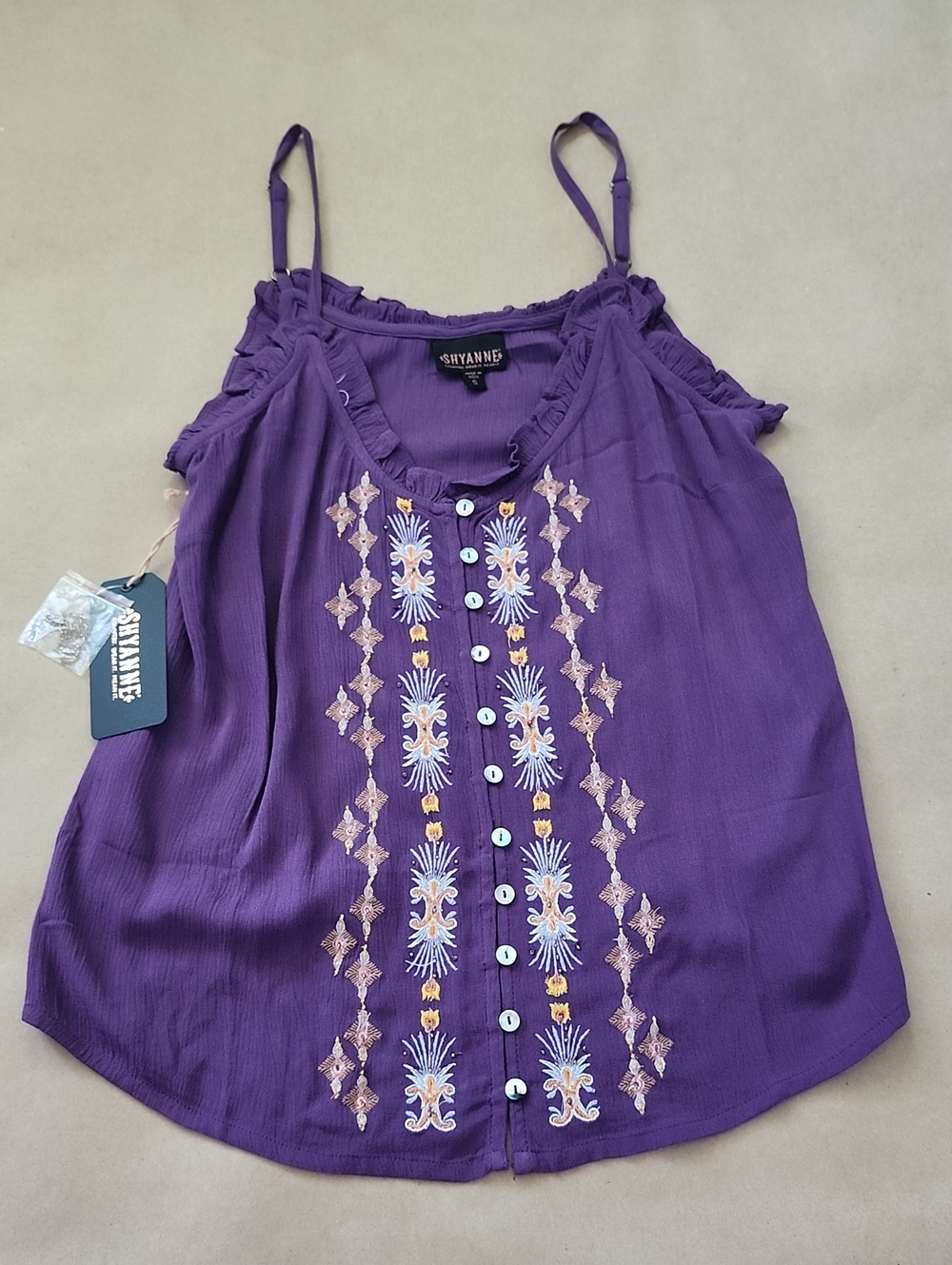 NEW Shyanne Deep Purple Embroidered Button-Front Spaghetti Strap Top.
